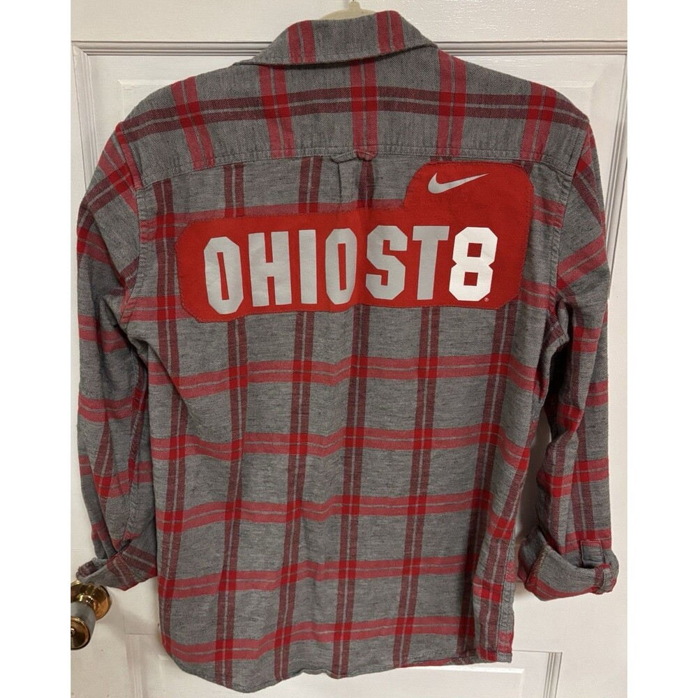 Ohio State Buckeyes Upcycled Plaid Shirt Red Gray Size Men’s Medium Button Up
